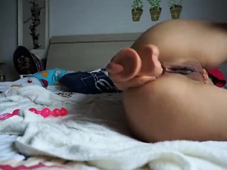 Butt Toying Within The Mattress With Dildo That Is Large