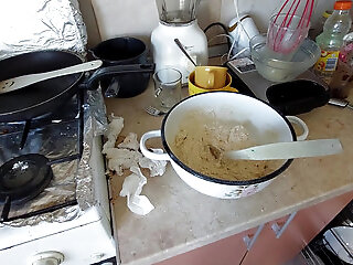 Sexy Mom Prepares Breakfast, Hairy Pussy, Big Tits.